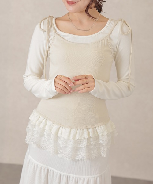 Lace Ladies(レースレディース)の「レース ティアード キャミソール ドッキング トップス(Tシャツ/カットソー・レディース・ブルーグレー/ベージュ/ダークグレー・FREE)」の1枚目の写真