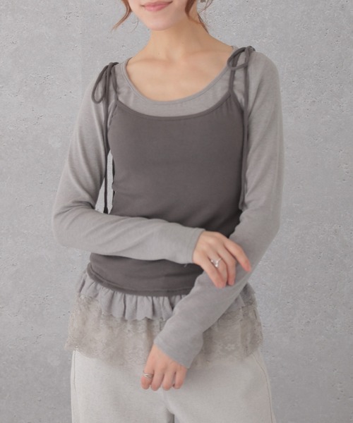 Lace Ladies(レースレディース)の「レース ティアード キャミソール ドッキング トップス(Tシャツ/カットソー・レディース・ブルーグレー/ベージュ/ダークグレー・FREE)」の2枚目の写真