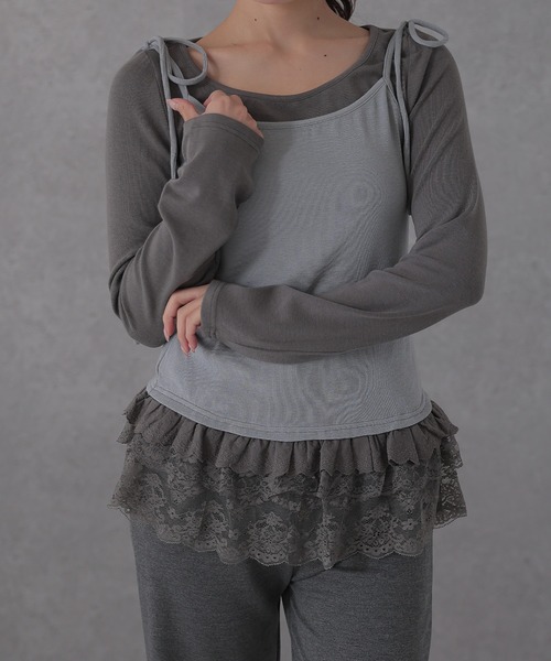 Lace Ladies(レースレディース)の「レース ティアード キャミソール ドッキング トップス(Tシャツ/カットソー・レディース・ブルーグレー/ベージュ/ダークグレー・FREE)」の3枚目の写真