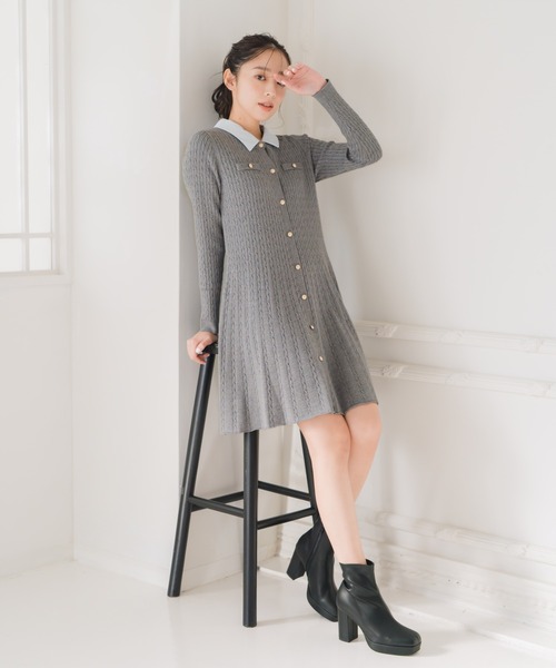 セール】2025秋冬新作 襟付きケーブルミニニットワンピース