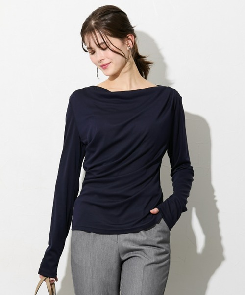 slattgir(スラットジール)の「高身長 カットソードレープトップス(トールサイズ)(Tシャツ/カットソー・レディース・グレイッシュベージュ/グレイッシュブルー/ネイビー・TM/TL/TLL/T3L/T4L/T5L)」の2枚目の写真