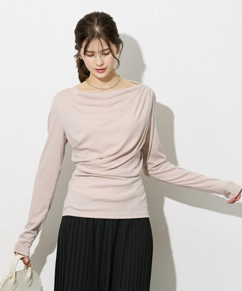 slattgir(スラットジール)の「高身長 カットソードレープトップス(トールサイズ)(Tシャツ/カットソー・レディース・グレイッシュベージュ/グレイッシュブルー/ネイビー・TM/TL/TLL/T3L/T4L/T5L)」の1枚目の写真