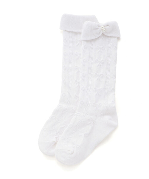 SLAP SLIP(スラップスリップ)の「パールビーズ付き折り返しリボンハイソックス(13~21cm)(ソックス/靴下・キッズ・ネイビー/ホワイト・S/M/XS)」の1枚目の写真