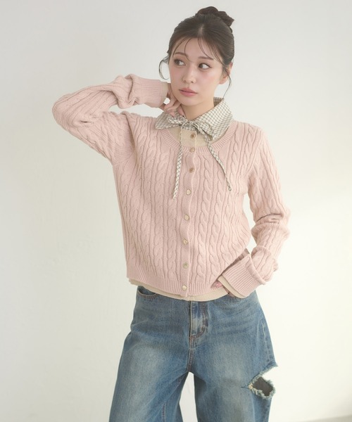 セール】Attached collar fake layered knit cardigan / ツケエリツキ