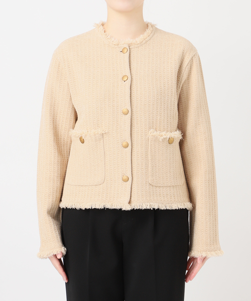 VERMEIL par iena(ヴェルメイユパーイエナ)の「TWEED KNITジャケット カーディガン(カーディガン/ボレロ・レディース・ベージュ/ブラック・FREE)」の4枚目の写真