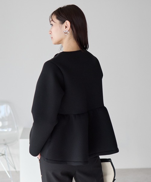極美品✨ハナエモリ ラッフルカラー フリル ペプラムジャケット ベルベット フロントフリルペプラムジャケット（ノーカラージャケット）｜Neige