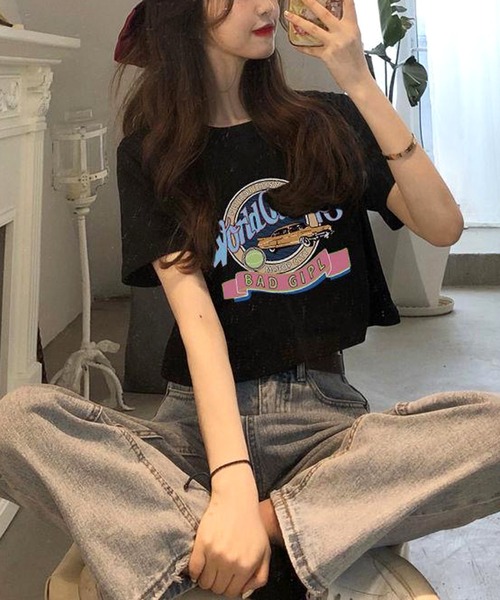 NANEA（ナネア）の「クロップド丈レトログラフィックプリントTシャツ（Tシャツ/カットソー・レディース・ホワイト/ブラック・SMALL）」の3枚目の写真