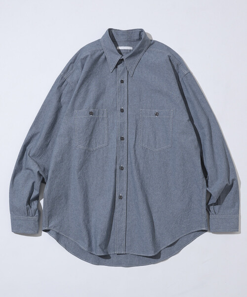 Firsthand(ファーストハンド)の「Firsthand/ファーストハンド ビッグシルエット レギュラーカラー シャンブレー ワークシャツ(シャツ/ブラウス・メンズ・ホワイト/ブルー・LARGE/MEDIUM)」の2枚目の写真