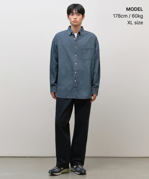 MUSINSA STANDARD（ムシンサスタンダード）の「オーバーサイズデニムシャツ [ミディアムインディゴ]（シャツ/ブラウス・メンズ・その他・SMALL/MEDIUM/LARGE/X-LARGE/2XL）」の2枚目の写真
