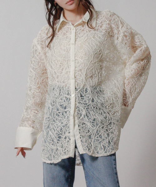 Social GIRL(ソーシャルガール)の「刺繍レースシアーシャツ オーバーサイズシャツ 長袖(シャツ/ブラウス・レディース・オフホワイト/アイボリー/ブラック・M)」の3枚目の写真