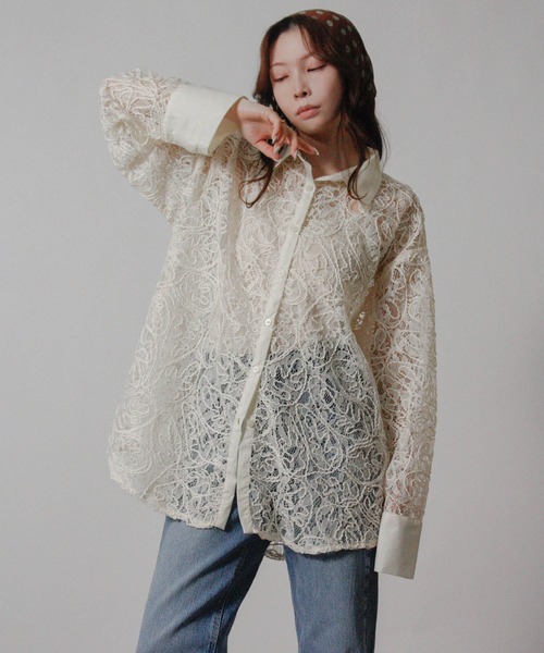 Social GIRL(ソーシャルガール)の「刺繍レースシアーシャツ オーバーサイズシャツ 長袖(シャツ/ブラウス・レディース・オフホワイト/アイボリー/ブラック・M)」の22枚目の写真