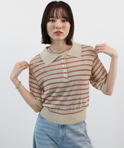 ABYS（アビス）の「ボーダーシアーポロニット（Tシャツ/カットソー・レディース・イエロー/ベージュ/ピンク/ブルー・FREE）」の2枚目の写真