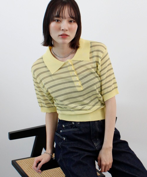 ABYS（アビス）の「ボーダーシアーポロニット（Tシャツ/カットソー・レディース・イエロー/ベージュ/ピンク/ブルー・FREE）」の4枚目の写真