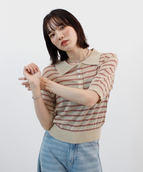 ABYS（アビス）の「ボーダーシアーポロニット（Tシャツ/カットソー・レディース・イエロー/ベージュ/ピンク/ブルー・FREE）」の5枚目の写真