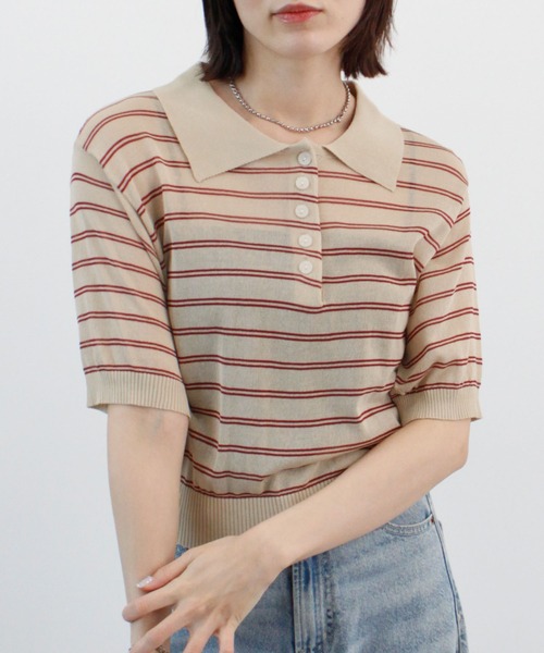 ABYS（アビス）の「ボーダーシアーポロニット（Tシャツ/カットソー・レディース・イエロー/ベージュ/ピンク/ブルー・FREE）」の6枚目の写真