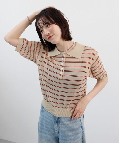 ABYS（アビス）の「ボーダーシアーポロニット（Tシャツ/カットソー・レディース・イエロー/ベージュ/ピンク/ブルー・FREE）」の7枚目の写真