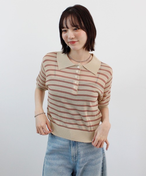 ABYS（アビス）の「ボーダーシアーポロニット（Tシャツ/カットソー・レディース・イエロー/ベージュ/ピンク/ブルー・FREE）」の8枚目の写真