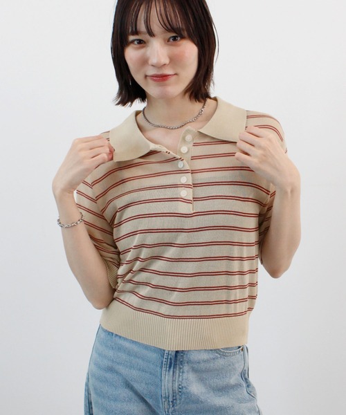 ABYS（アビス）の「ボーダーシアーポロニット（Tシャツ/カットソー・レディース・イエロー/ベージュ/ピンク/ブルー・FREE）」の9枚目の写真