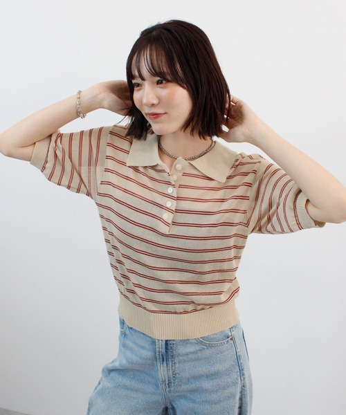 ABYS（アビス）の「ボーダーシアーポロニット（Tシャツ/カットソー・レディース・イエロー/ベージュ/ピンク/ブルー・FREE）」の10枚目の写真