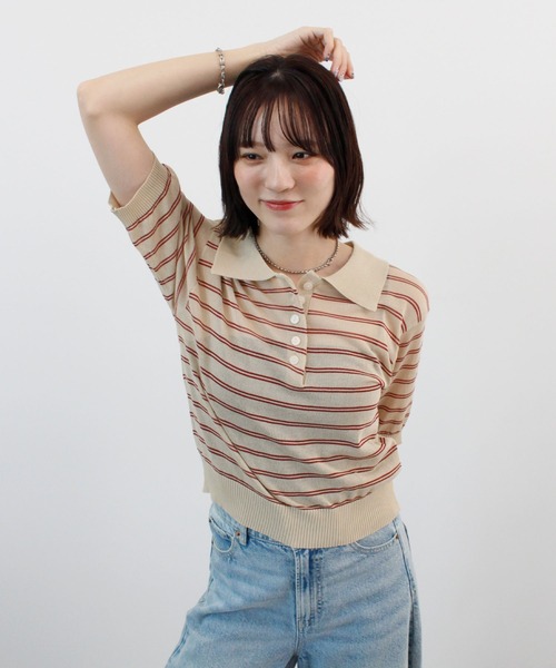 ABYS（アビス）の「ボーダーシアーポロニット（Tシャツ/カットソー・レディース・イエロー/ベージュ/ピンク/ブルー・FREE）」の11枚目の写真