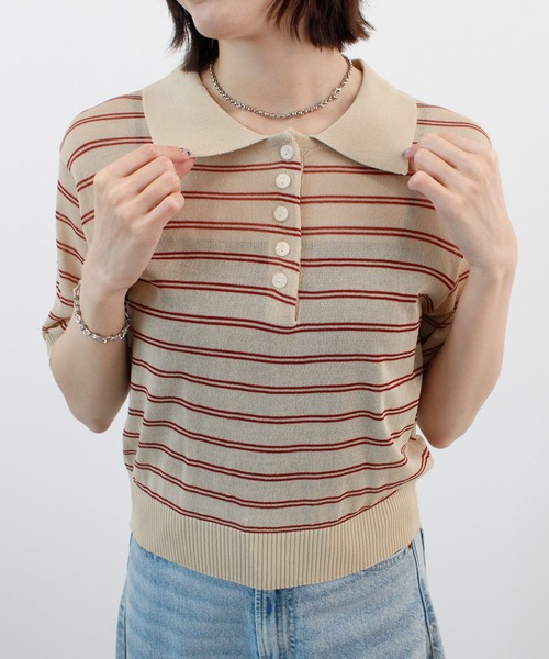 ABYS（アビス）の「ボーダーシアーポロニット（Tシャツ/カットソー・レディース・イエロー/ベージュ/ピンク/ブルー・FREE）」の12枚目の写真