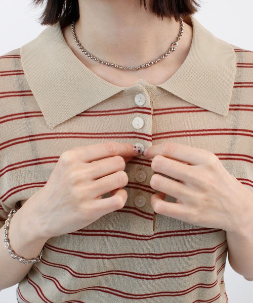 ABYS（アビス）の「ボーダーシアーポロニット（Tシャツ/カットソー・レディース・イエロー/ベージュ/ピンク/ブルー・FREE）」の13枚目の写真