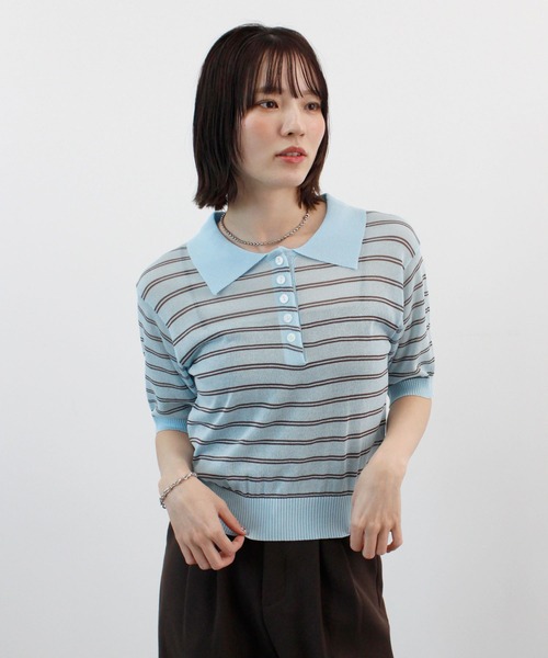 ABYS（アビス）の「ボーダーシアーポロニット（Tシャツ/カットソー・レディース・イエロー/ベージュ/ピンク/ブルー・FREE）」の17枚目の写真