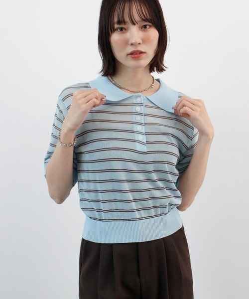 ABYS（アビス）の「ボーダーシアーポロニット（Tシャツ/カットソー・レディース・イエロー/ベージュ/ピンク/ブルー・FREE）」の18枚目の写真