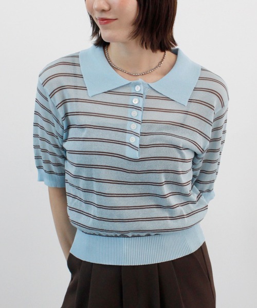 ABYS（アビス）の「ボーダーシアーポロニット（Tシャツ/カットソー・レディース・イエロー/ベージュ/ピンク/ブルー・FREE）」の19枚目の写真