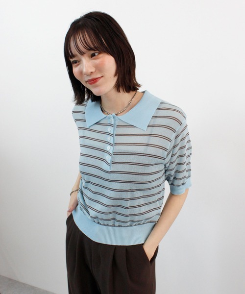 ABYS（アビス）の「ボーダーシアーポロニット（Tシャツ/カットソー・レディース・イエロー/ベージュ/ピンク/ブルー・FREE）」の22枚目の写真