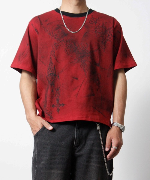 NYLAUS（ナイラス）の「【NYS】トライバルデザイン グランジ ペイント加工 ショート丈 半袖Tシャツ（Tシャツ/カットソー・メンズ・ブラック/ライトベージュ/ワインレッド・L/M）」の8枚目の写真