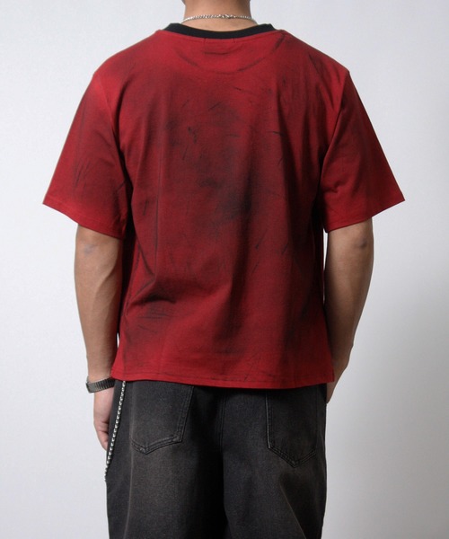 NYLAUS（ナイラス）の「【NYS】トライバルデザイン グランジ ペイント加工 ショート丈 半袖Tシャツ（Tシャツ/カットソー・メンズ・ブラック/ライトベージュ/ワインレッド・L/M）」の7枚目の写真