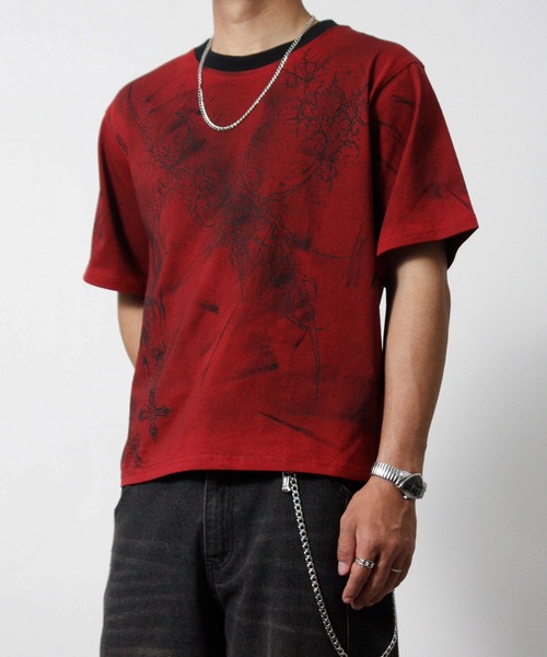 NYLAUS（ナイラス）の「【NYS】トライバルデザイン グランジ ペイント加工 ショート丈 半袖Tシャツ（Tシャツ/カットソー・メンズ・ブラック/ライトベージュ/ワインレッド・L/M）」の5枚目の写真