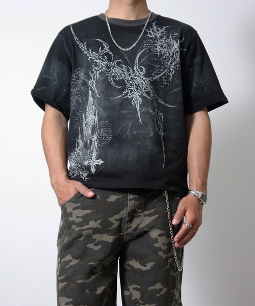 NYLAUS（ナイラス）の「【NYS】トライバルデザイン グランジ ペイント加工 ショート丈 半袖Tシャツ（Tシャツ/カットソー・メンズ・ブラック/ライトベージュ/ワインレッド・L/M）」の17枚目の写真