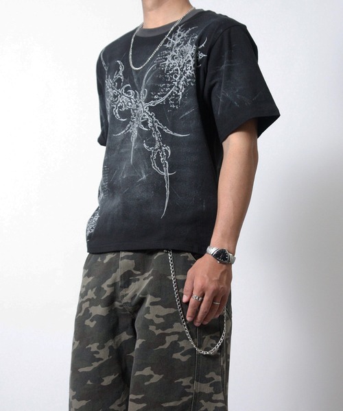 NYLAUS（ナイラス）の「【NYS】トライバルデザイン グランジ ペイント加工 ショート丈 半袖Tシャツ（Tシャツ/カットソー・メンズ・ブラック/ライトベージュ/ワインレッド・L/M）」の19枚目の写真