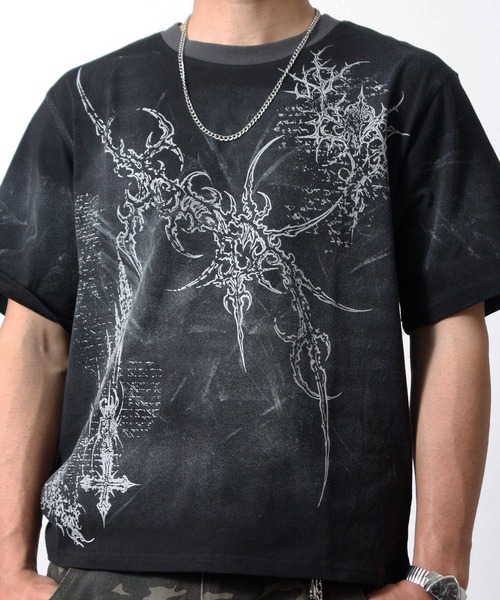 NYLAUS（ナイラス）の「【NYS】トライバルデザイン グランジ ペイント加工 ショート丈 半袖Tシャツ（Tシャツ/カットソー・メンズ・ブラック/ライトベージュ/ワインレッド・L/M）」の20枚目の写真