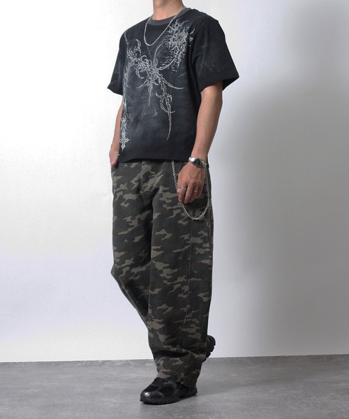 NYLAUS（ナイラス）の「【NYS】トライバルデザイン グランジ ペイント加工 ショート丈 半袖Tシャツ（Tシャツ/カットソー・メンズ・ブラック/ライトベージュ/ワインレッド・L/M）」の14枚目の写真