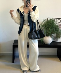 切り替えデニムフード付きジャケットワイドパンツセットアップ