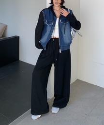 切り替えデニムフード付きジャケットワイドパンツセットアップ