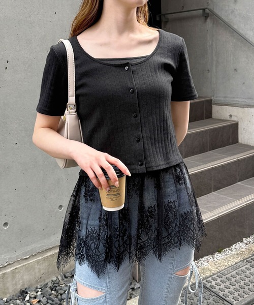 tiptop(ティップトップ)の「半袖カーディガン×裾レースキャミSET(Tシャツ/カットソー・レディース・ブラック/ホワイト系その他/グレー/ホワイト系その他2/サックスブルー・FREE)」の4枚目の写真