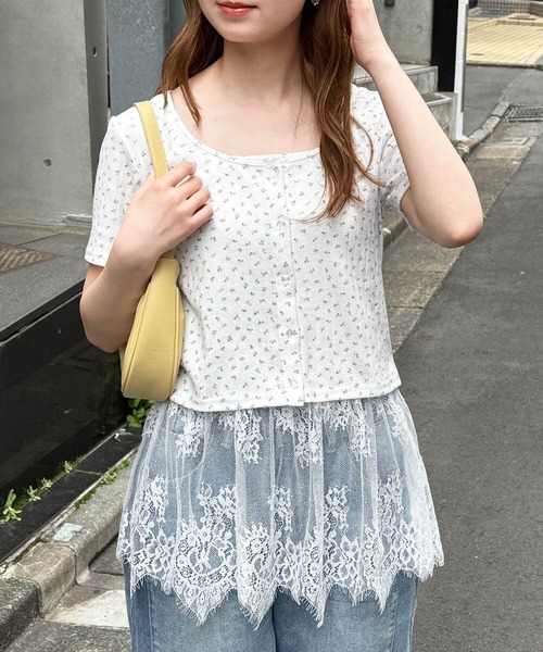 tiptop(ティップトップ)の「半袖カーディガン×裾レースキャミSET(Tシャツ/カットソー・レディース・ブラック/ホワイト系その他/グレー/ホワイト系その他2/サックスブルー・FREE)」の6枚目の写真