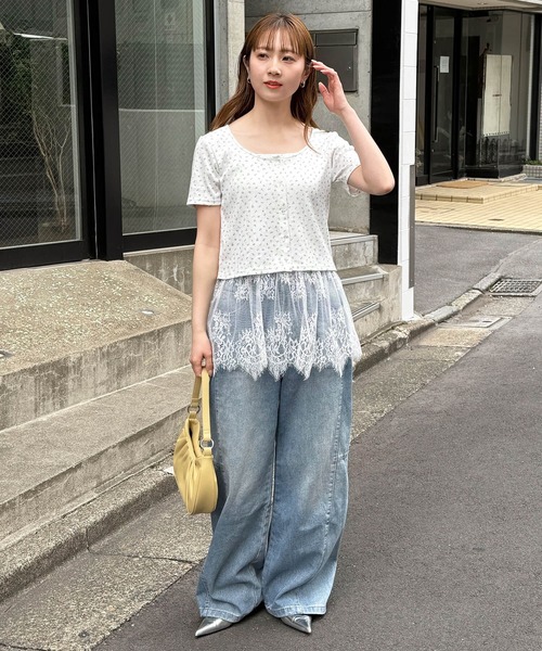 tiptop(ティップトップ)の「半袖カーディガン×裾レースキャミSET(Tシャツ/カットソー・レディース・ブラック/ホワイト系その他/グレー/ホワイト系その他2/サックスブルー・FREE)」の10枚目の写真