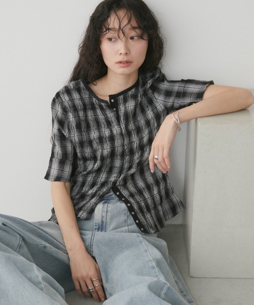 シャーリングチェックハーフスリーブトップス（Tシャツ/カットソー