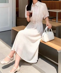 小花柄シャツ衿ロングワンピース
