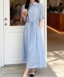 小花柄シャツ衿ロングワンピース