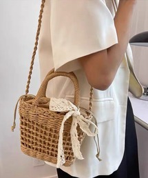 かごバッグ ショルダーバッグ ミニ 刺繍レースリボン付き ストロー編みバッグ