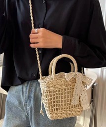 shopnikoniko | かごバッグ ショルダーバッグ ミニ 刺繍レースリボン付き ストロー編みバッグ(かごバッグ)