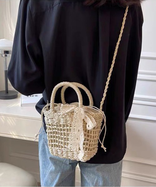 shopnikoniko（ショップニコニコ）の「かごバッグ ショルダーバッグ ミニ 刺繍レースリボン付き ストロー編みバッグ（かごバッグ・レディース・ベージュ/アイボリー・フリー）」の6枚目の写真