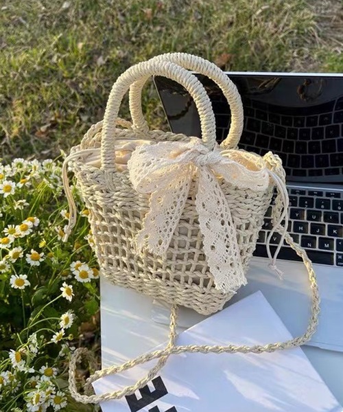 shopnikoniko（ショップニコニコ）の「かごバッグ ショルダーバッグ ミニ 刺繍レースリボン付き ストロー編みバッグ（かごバッグ・レディース・ベージュ/アイボリー・フリー）」の7枚目の写真