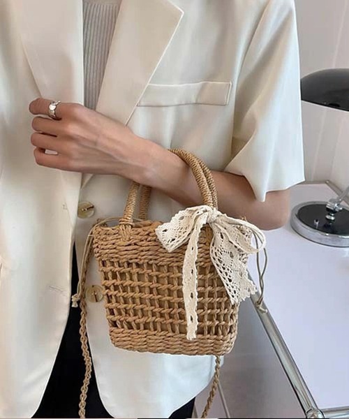shopnikoniko（ショップニコニコ）の「かごバッグ ショルダーバッグ ミニ 刺繍レースリボン付き ストロー編みバッグ（かごバッグ・レディース・ベージュ/アイボリー・フリー）」の8枚目の写真